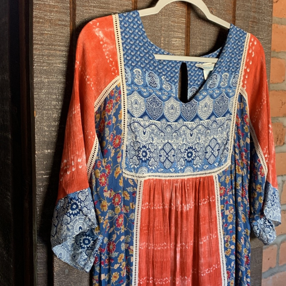 Sundance boho dress midi high low lovely draping floral patchwork medium - Picture 3 of 17